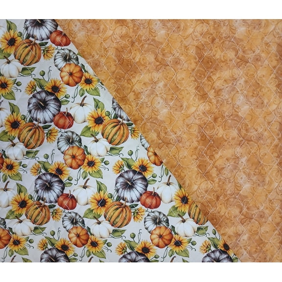 Double-Face Quilted Reversible Pumpkins Sunflowers Fall Autumn on White With Mottled Patterned Tan Reverse 42" Wide Cotton Fabric by the Yard (141571)