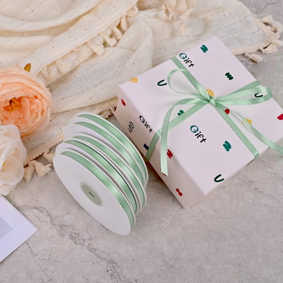 Double Face Satin Ribbon 1/4 inch X 50 Yards /roll,Total 5 roll 250 yards,Polyester Ribbon for Gift Wrapping Very Suitable for Weddings Party Hair Bow Invitation Decorations and More Sagegreen