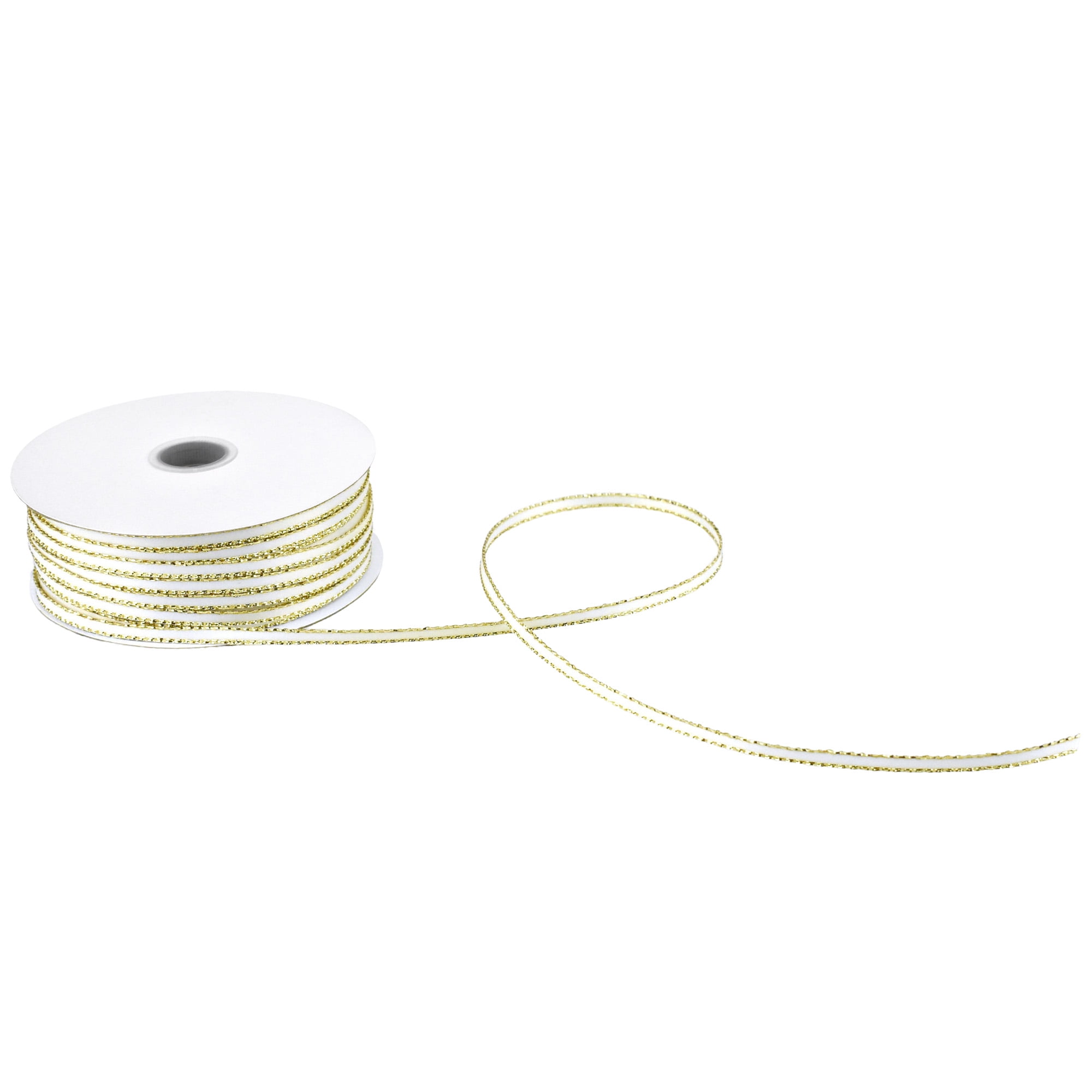 Double Faced Gold Trim Satin Ribbon, White, 1/8-Inch, 50-Yard 