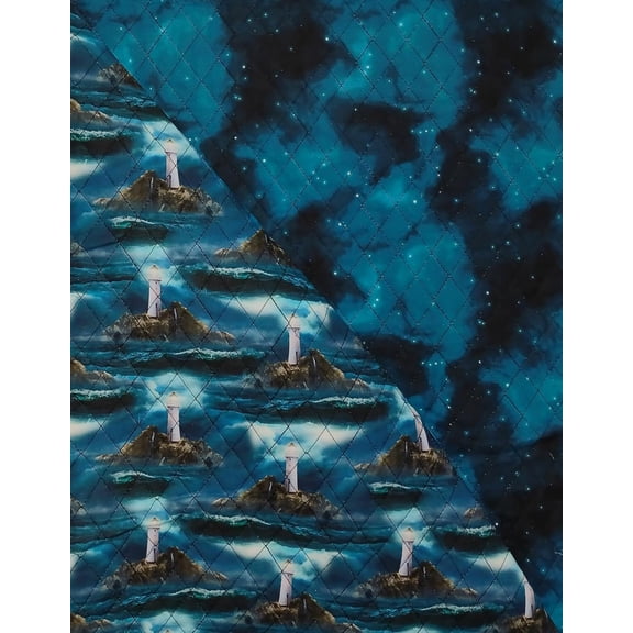 Double Faced Prequilted Lighthouse Galaxy Teal By the Yard