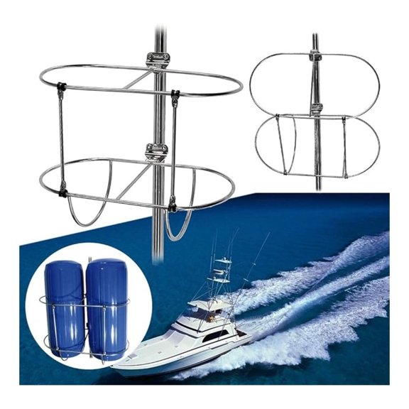 Double Fender Holder Steel Stainless Folding Fender Holder to Attach The 7/8"-1" Railing,Boat Fender Hold 2 Fenders(Fit for Fenders 9.2" Diameter)