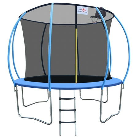 Double Fish 10ft Trampoline with Enclosure Safety Net Jumping Fun Trampoline Heavy-duty Jump Pads with Basketball Hoop, Spring-loaded for Kids and Adults