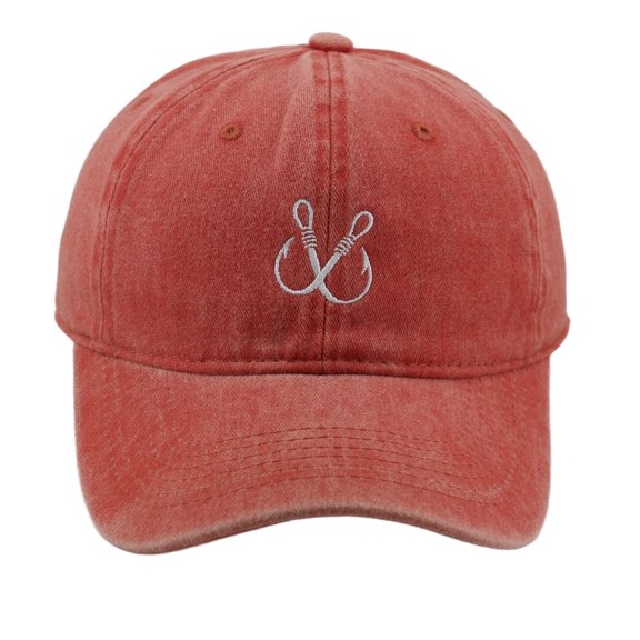 Double Fish Hook Embroidered Vintage Washed Cotton Dad Hat, Adjustable Unisex Baseball Cap for Fishermen- Orange