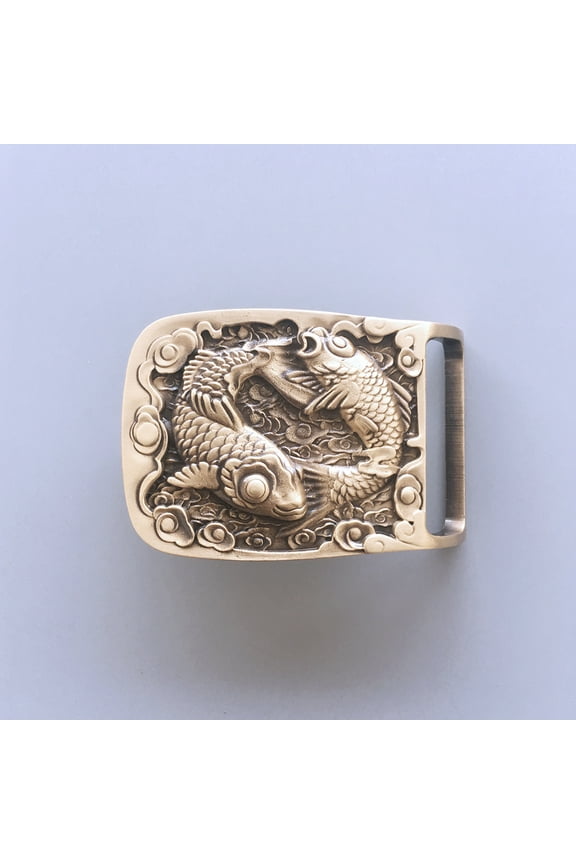 Double Fishes Rectangle Solid Brass Belt Buckle