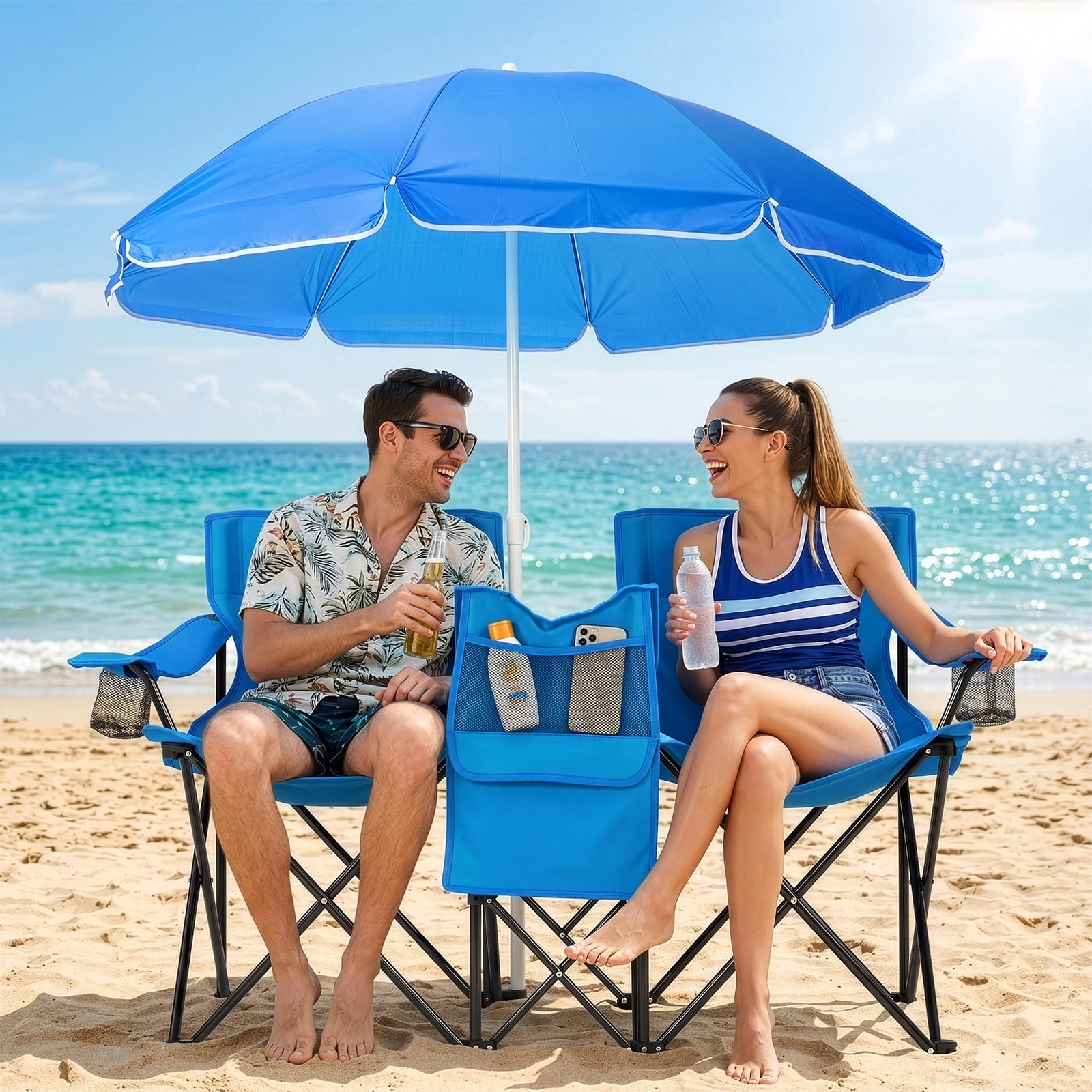 Double Fishing Chair with Detachable Sun Umbrella & Insulated Cooler Bag, 2 Person XL Folding Lounge Chair, Waterproof Oxford Cloth for Fishing Camping Beach Patio