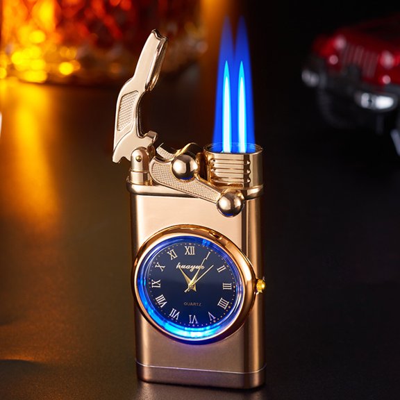 Double Flame Lighter with Watch Yannianjz Double Flame Watch Lighter, Quartz Watch with Refillable Windproof Blue Flame Lighter, Unique Smoking Accessory and Fashion Gift for Men