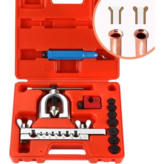 Double Flaring Tool Kit for 45 Single Double Flares with 7 Adapters, Brake Flare Tool with Tube Cutter Deburring Tool for Copper Brake Line, Hydraulic System, Copper Tubing Flare Kit