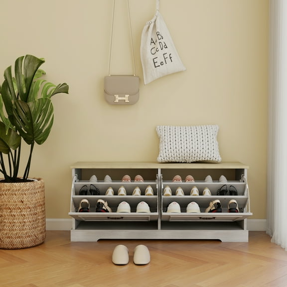 Double Flip-Drawer Shoe Storage Bench - 41" Entryway Cabinet with Adjustable Shelves, Seating for 3, Odor-Free Design, Antique White