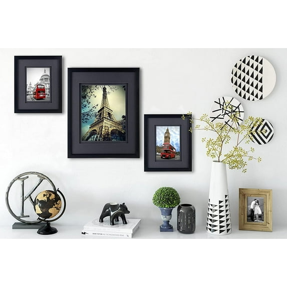 Double Floating Mat Picture Frame Set of 2, 11x14 Inches Black with 8x10 Opening, High Definition Glass, Wall Mounting Photo Frames