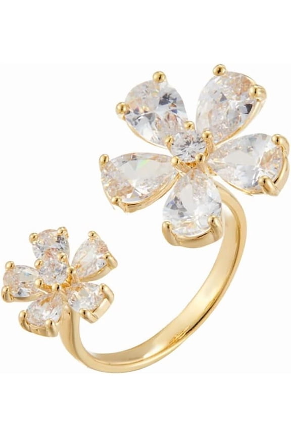 Double Flower CZ Ring for Women Gold Plated Floral Open Statement Ring Wedding Band Promise Engagement Rings Wrap Finger Rings Fashion Jewelry