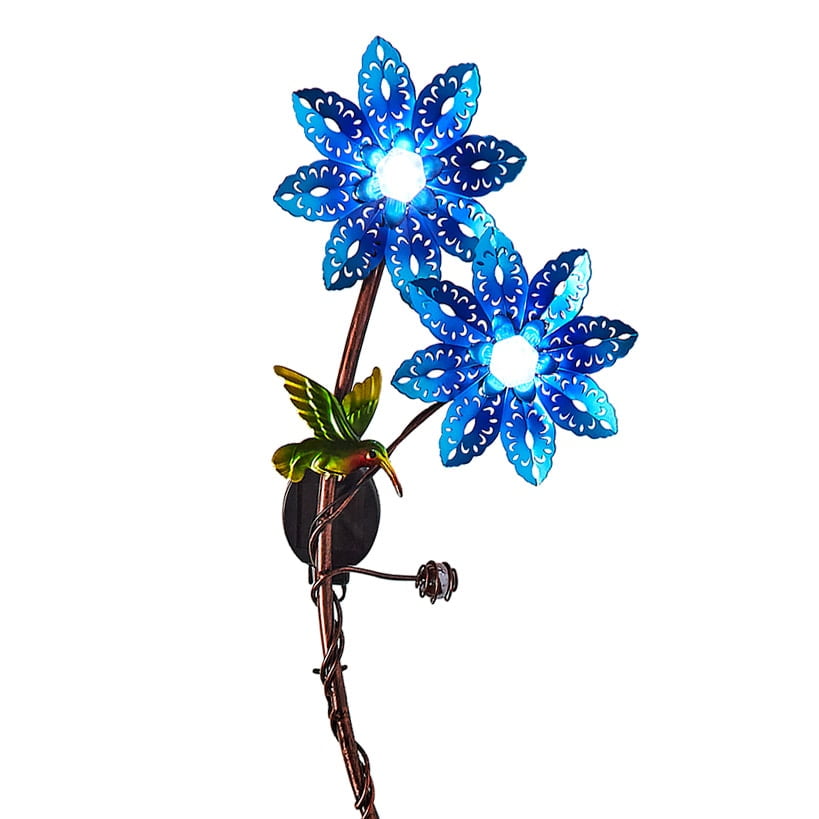 Blue Iron Double Flower and Critter Garden Stake with Solar Lights