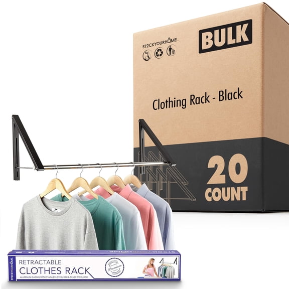 Double Foldable Clothing Rack with Extension Rod (20 Pack), Wall Mounted Retractable Clothes Hanger, Collapsible Garment Rack for Laundry or Dorm (Black)
