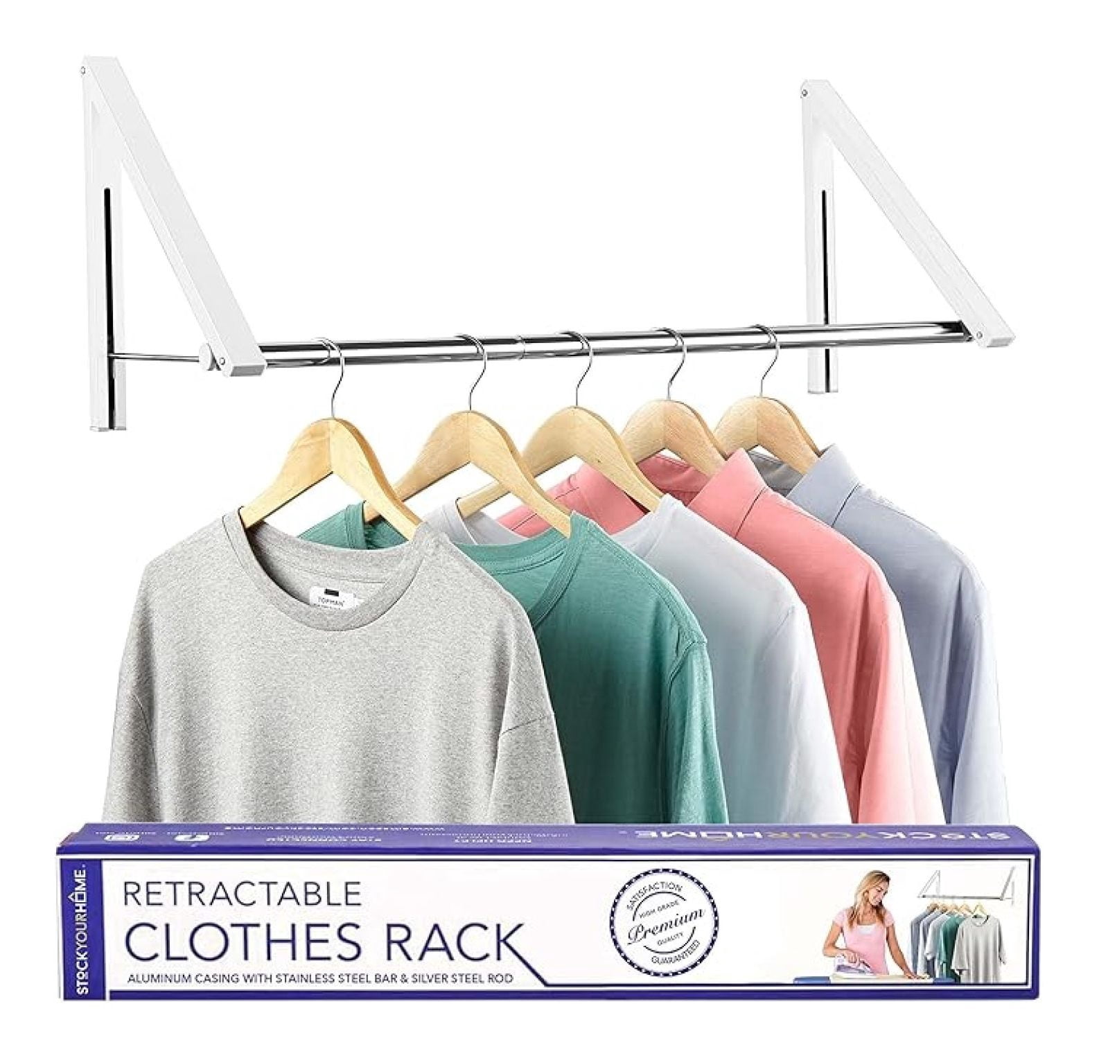 Double Foldable Clothing Rack w/Extension Rod, Wall-Mounted Retractable ...