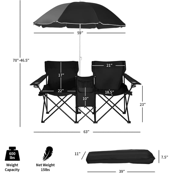 Double Folding Camping Chairs, Portable Beach Chairs with Removable Umbrella & Mini Table Carrying Bag, Outdoor Lawn Chairs for Picnic, , Pool, Park (Black)