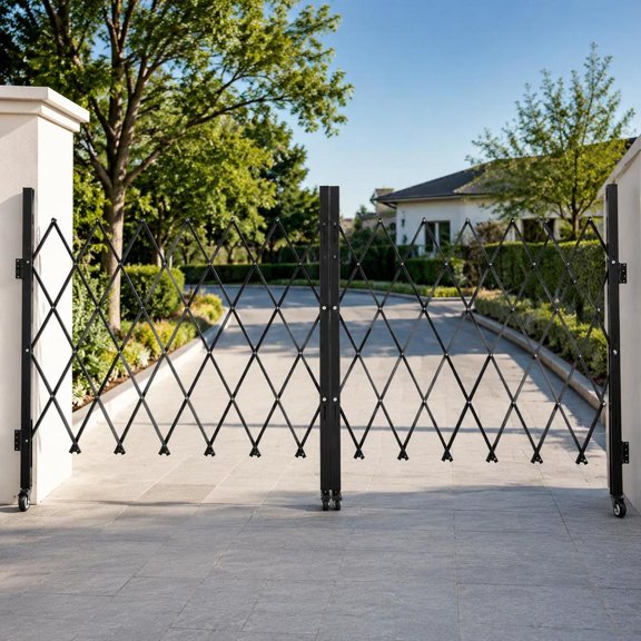 Double Folding Security Gate, 125.98 X 63.19 in, Steel Retractable Scissor Barricade Door with Lockable 360 Swivel Casters for Garage Warehouse Entry