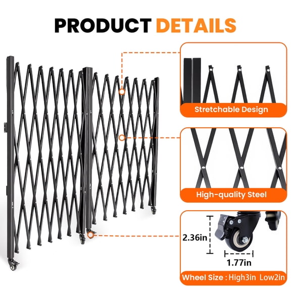 Double Folding Security Gate, 51" H x 155" W Folding Door Gate, Steel Accordion Security Gate, Flexible Expanding Security Gate, 360 Rolling Barricade Gate, Scissor Gate or Door with Keys