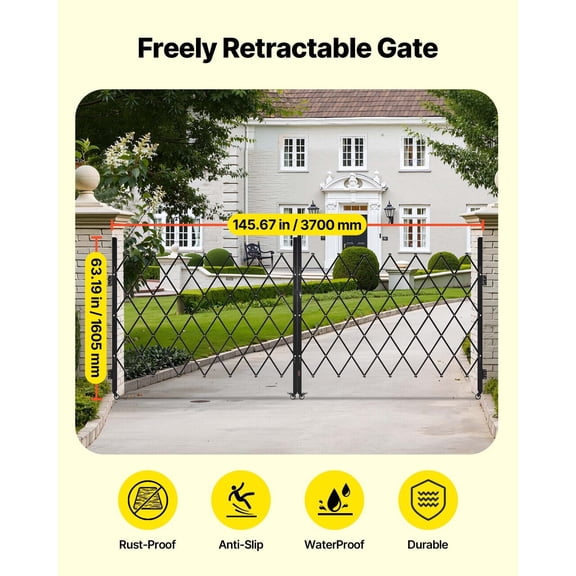 Double Folding Security Gate,Lockable Scissor Gate with 360 Swivel Casters,Outdoor Barricade Steel Retractable Gates,for Entry Security,Garage,Warehouse&Pool,145.67x63.19 in (WxH)