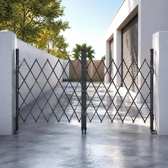 Double Folding Security Gate, Lockable Steel Scissor Gate with 360 Rolling Casters for Warehouse Garage Entry, 145.67 X 63.19 Inch
