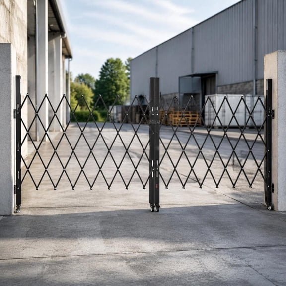 Double Folding Security Gate, lockable steel scissor gate with 360 rolling casters, for warehouse garage entry, 145.67 X 63.19 Inch