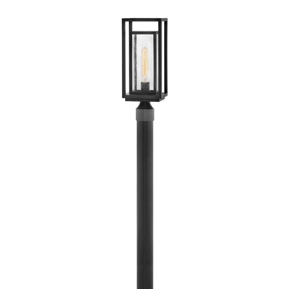 Double Frame 1-Light Medium Outdoor Post or Pier Mount Lantern in Black with Clear Seedy Glass 7 inches W X 17 inches H-Black Finish-E26 Medium Lamp