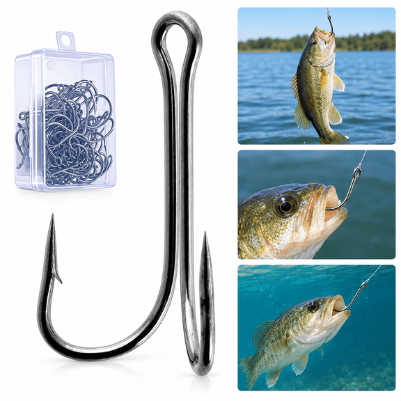 Double Frog Hooks 30 Pack High Carbon Steel 2X Strong Wide Gap for Bass Fishing Saltwater Freshwater
