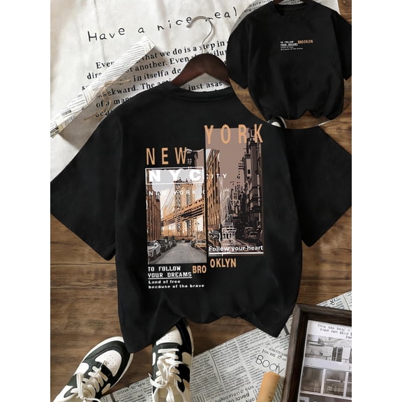 Double Front Back Images Casual Letter Print New York Bridge Street Vacation Motif 2026 Summer New Style Short Sleeve Round Neck T-Shirt, Breathable Women’s Fun Regular Top