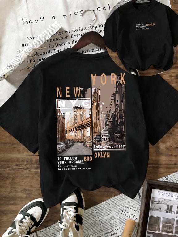 Double Front Back Images Casual Letter Print New York Bridge Street Vacation Motif 2026 Summer New Style Short Sleeve Round Neck T-Shirt, Breathable Women’s Fun Regular Top