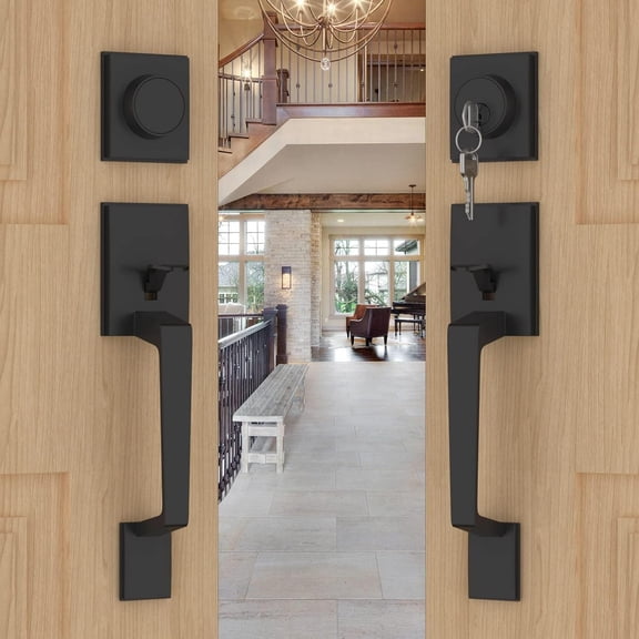 Double Front Door Lock Set, Black Double Door Handle Set, Matte Black Double Door Handle with Dummy, Modern Double Front Door Hardware Set with Reversible Handle Lever