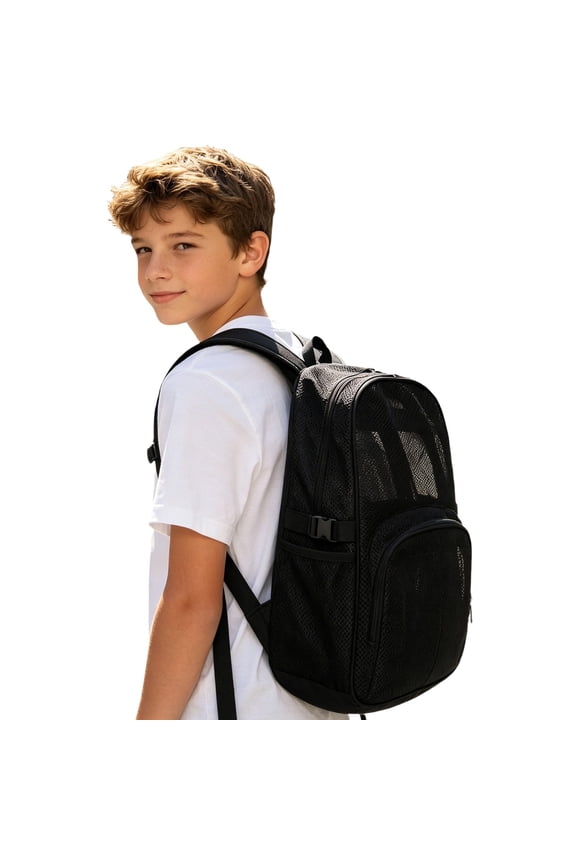 Double Front Pocket Mesh Backpack with Quick Release Buckles, Semi Transparent Breathable Large Capacity Book Bag, Wear Resistant Daypack for School Gym Beach Weekend Trip