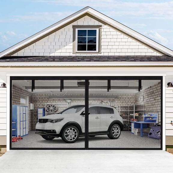 Double Garage Door Screen Kit, 16x7Ft Magnetic Mesh Screen for 2-Car Garage, Durable Fiberglass Bug Screen Curtain for Patio, Porch, and Windows, Black