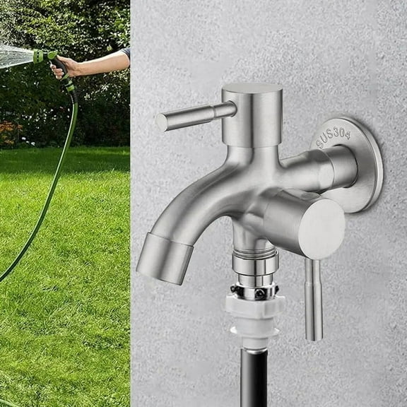 Double Garden Tap Stainless Steel Outside Tap Double Outlet Water Faucet Sturdy 2 Way y13079