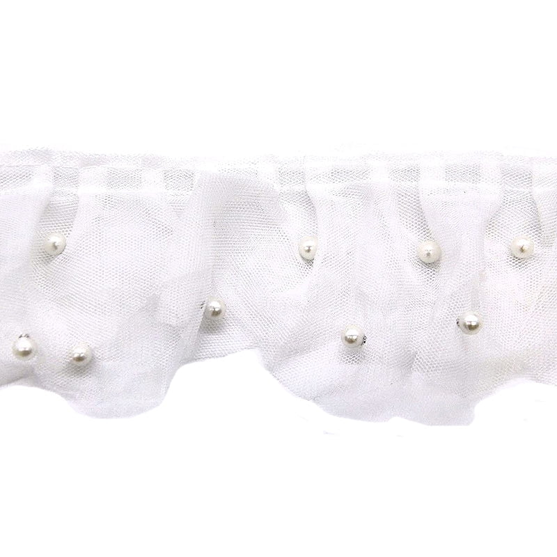 Double Gathered Lace with Scattered Pearls - 3" Width (10 YDS)-BTP-1800-27