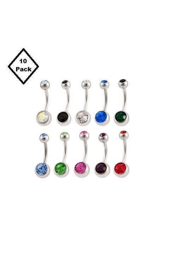 Double Gem Belly Button Rings Jewelry Surgical Steel CZ Gems 14G 10pc