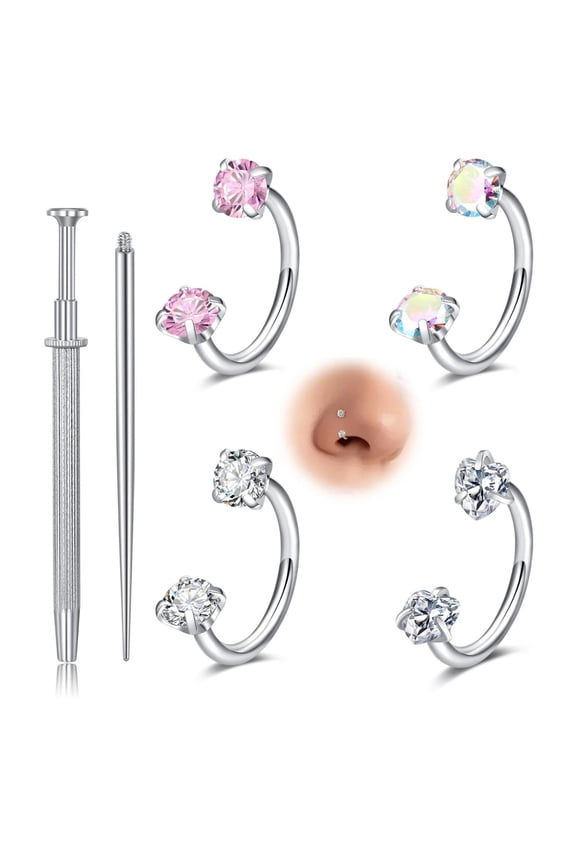 Double Gem C Shape Nose Ring Piercing Kit, Round & Heart Shiny Stone Hoop Nose Stud Set with Piercing Tool, Cute Curved Septum Rings Jewelry for Women Daily Body Piercing Decor