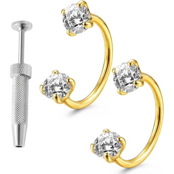Double Gem Titanium Horseshoe Nose Ring, Internally Threaded Solid Titanium CZ Horseshoe Nose Hoop, Gold and Silver-gold-