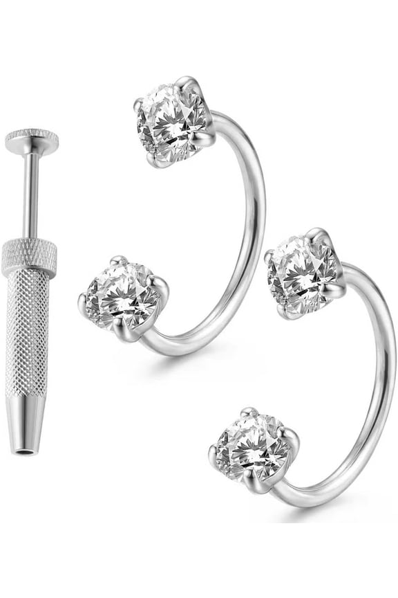 Double Gem Titanium Horseshoe Nose Ring, Internally Threaded Solid Titanium CZ Horseshoe Nose Hoop