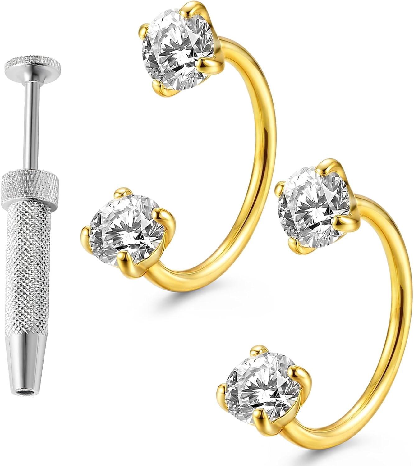 Threaded Nose Set Double Gem Titanium Horseshoe Nose Ring, Internally Threaded Solid ...