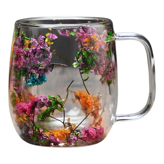 Double Gglass Flower Tea Cup, Glass Coffee Mugs, Aesthetic Dried Flowers Cups with Handles, Dried Flowers Double Wall Glass Coffee Mug, Coffee Cups for Cappuccino Tea Milk Espresso, Gifts for Women