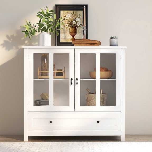 Double Glass Door Sideboard | Fill Living or Kitchen, Display Favourite Collections | UV Painted MDF, Handcrafted Look | Large Compartment for Storage