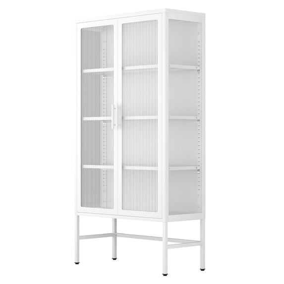 Double Glass Door Storage Cabinet with Adjustable Shelves and Feet Cold-Rolled Steel Sideboard Furniture for Living Room Kitchen White 05925