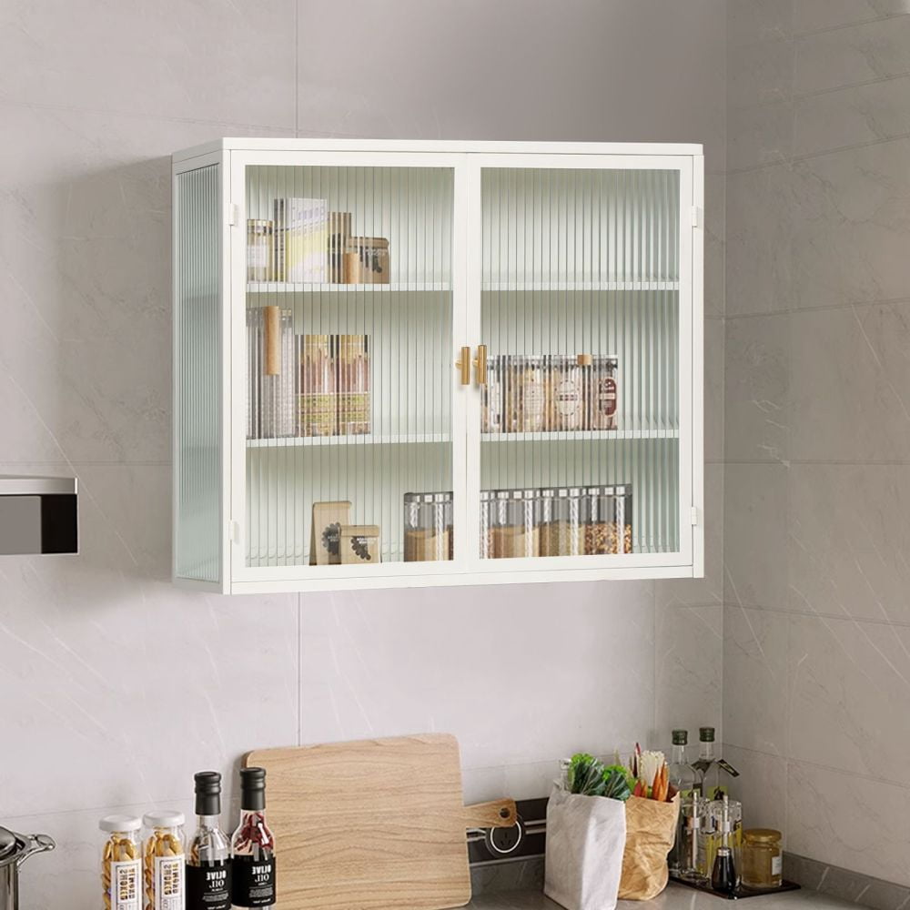 Kojooin Double Glass Door Wall Cabinet, Iron Tempered Glass Storage ...