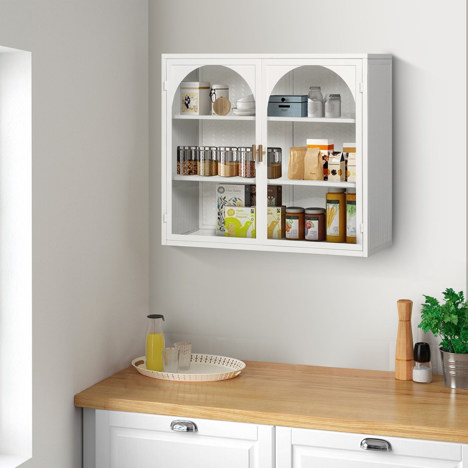 Double Glass Door Wall Cabinet With Removable Shelves For Office Dining Room Living Room Kitchen Bathroom