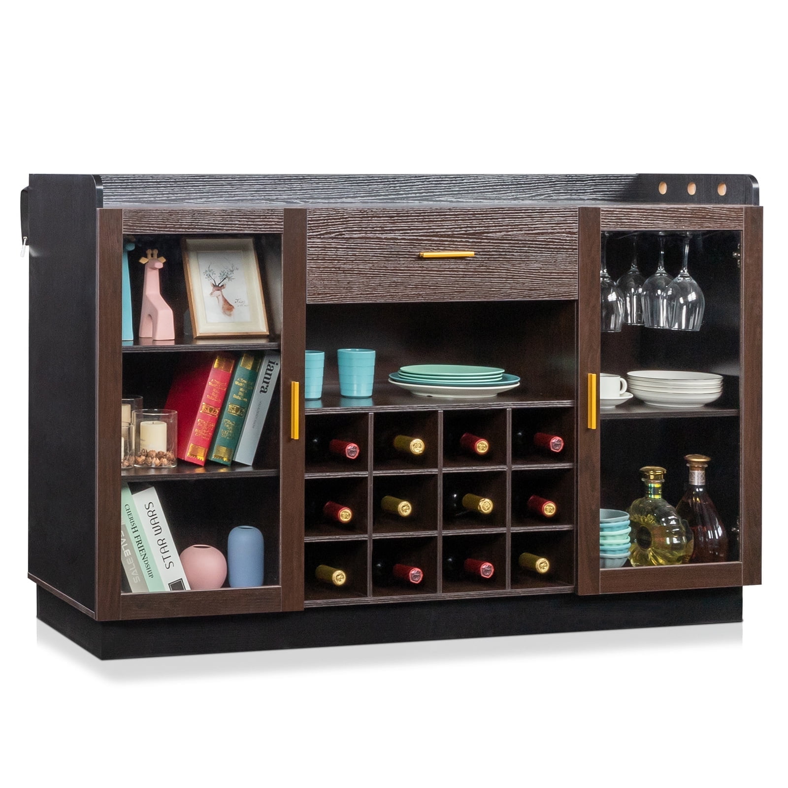 Double Glass Door Sideboard with Single Drawer & 12Bottle Wine Rack