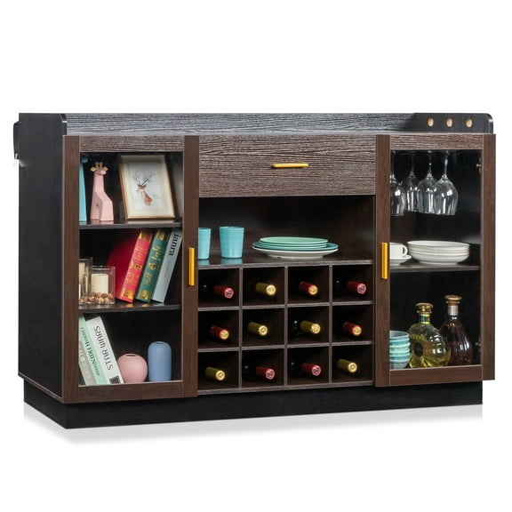 Double Glass Door Sideboard with Single Drawer & 12-Bottle Wine Rack - Black Frame + Gray-Brown Interior Panels