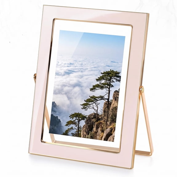 Double Glass Floating Photo Frame 4x6,Sleek Pink Enamel with Gold Metal Edge,Showcase 4x6,3.5x5,or 2x3 Inch Pictures,Beautiful Vertical Desktop and Shelf Decoion for Study,Bedside,Office,Pink