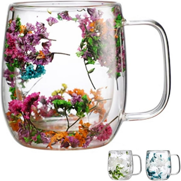 Double Glass Flower Tea Cup, 250ml/390ml Transparent Cup with Dried Flowers, Double Walled Clear Glass Coffee Mugs with Handle, Creative Clear Insulated Layer Dried Flower Coffee Cups