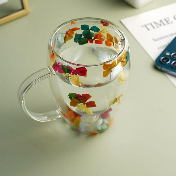 Double Glass Flower Tea Cup, Handcrafted, Elegant & Gift-Worthy, Flower Double Wall Glass Coffee Mugs, Clear Insulated Coffee Mugs