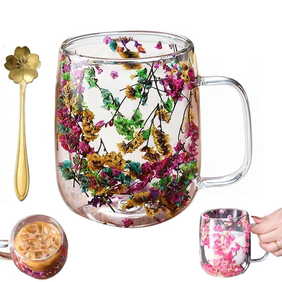 Double Glass Flower Tea Cup, Insulated Glass Coffee Cups with Handles,Clear Dried Flower Tea Mug for Hot Beverages