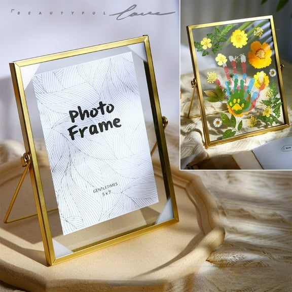 Double Glass Frame for Pressed Flowers Handmade, Tabletop Photo Frame for Floating Picture and Flower Press, Simple, Metal Geometric, Square, Gold, 8.85x6.88in