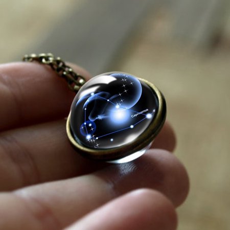 Double Glass Round with Constellation Pendant Alloy Chain Necklaces Bronze Capricorn 17.72~19.69 inch(45~50cm) DIY